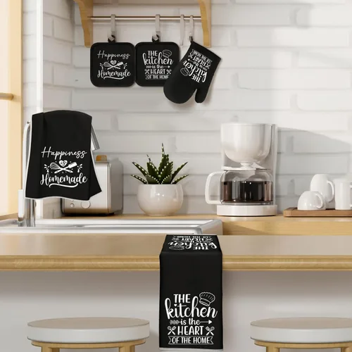 Miniatura 6 de Sratte Juego de 6 Piezas de Accesorios de Decoración de Cocina Estilo Granja Toallas Agarraderas Manoplas de Horno Juego de 2 Paños de Cocina 2 Negro