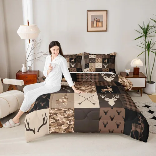 Miniatura 168 de Juego de edredón de cuernos de ciervo tamaño individual, juego de ropa de cama rústica de granja con huellas de oso y pinos para decoración