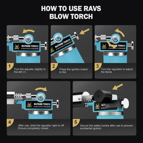 Miniatura 9 de RAVS Encendedor de butano, soplete de cocina recargable con llama ajustable y hebilla de seguridad, mini linterna de metal premium para hornear