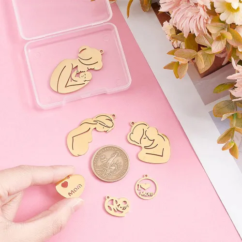 Miniatura 3 de Mother's Day Stainless Steel Pendants Mother Charms Flat Round with Mother Charms Pendants for Jewelry Making Golden