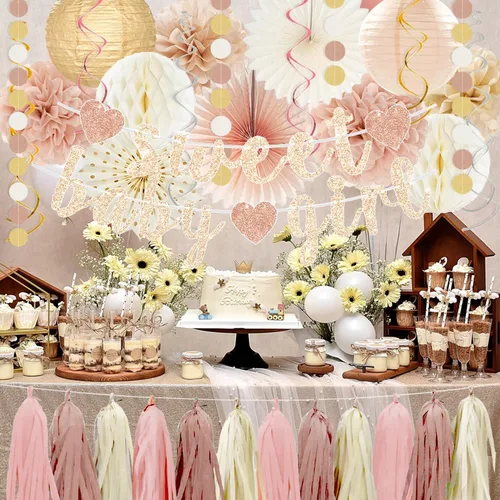 Miniatura 5 de Conjunto de decoraciones para baby shower de otoño en tonos champán-dorado y beige - Dulce cartel de Baby Girl, linternas de papel blanco