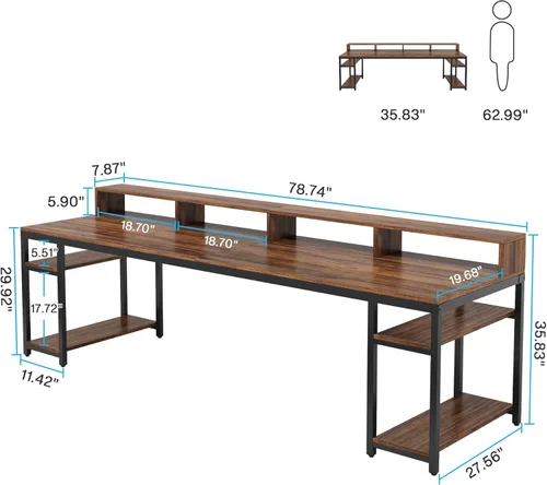 Miniatura 2 de Tribesigns Escritorio para Dos Personas con Soporte para Monitor, Escritorio de Oficina Doble para Computadora de 78.74" de Largo con Estantes