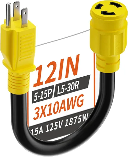 PlugSaf Cable adaptador de generador RV de 3 clavijas de 15 amperios a 30 amperios, enchufe macho NEMA 5-15 a enchufe hembra NEMA L5-30, cable de