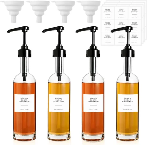 Dispensador de jarabe de café de vidrio de 25 onzas, botella de jarabe de vidrio de 25.4 fl oz con bomba y etiquetas, dispensador de jarabe de café
