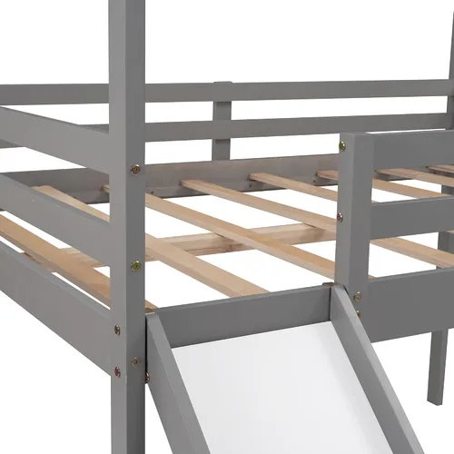 Miniatura 7 de Harper & Bright Designs Cama alta de tamaño matrimonial con tobogán, cama alta de madera, marco de cama tipo loft con techo y barandilla, cama alta
