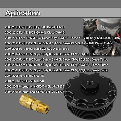 Miniatura 3 de Tapa del filtro de combustible con puerto de presión de combustible para Ford F250 F350 F450 F550 Super Duty International 6.0L Diesel Negro