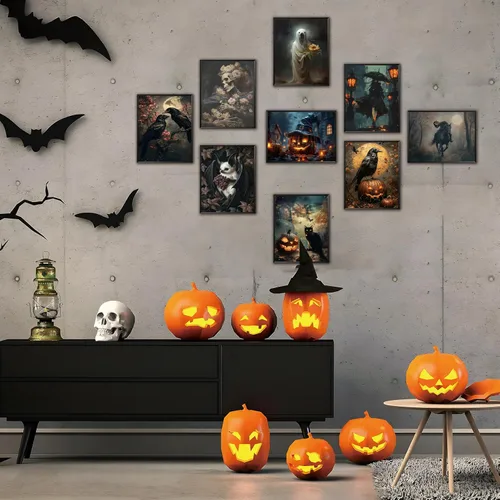 Miniatura 9 de ARKZSHO Juego de 9 impresiones en lienzo para pared de Halloween, pintura oscura de academia, pintura estética gótica espeluznante para galería