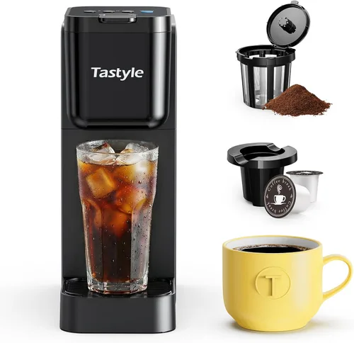 Tastyle Cafetera de una sola porción para K Cup y café molido | Prepara hasta 16 onzas, se adapta a tazas de viaje de 7.3 pulgadas | Caliente, audaz