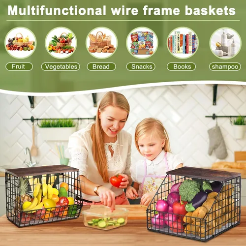 Miniatura 9 de Almacenamiento de frutas y verduras, 2 juegos de cestas de alambre montadas en la pared, cesta de frutas para encimera de cocina, cesta de frutas