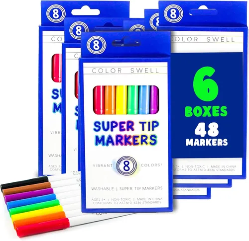 Color Swell Marcadores Super Tip 6 cajas de 8 colores vibrantes lavables (48 en total), paquete perfecto de marcadores a granel para niños, fiestas,