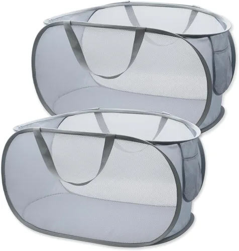 HONOMA Cesta Cesto de Malla Resistente para Ropa Sucia, Cesta Emergente con Bolsillo Lateral para Cuarto de Lavado, Baño, Habitación de Niños, Gris