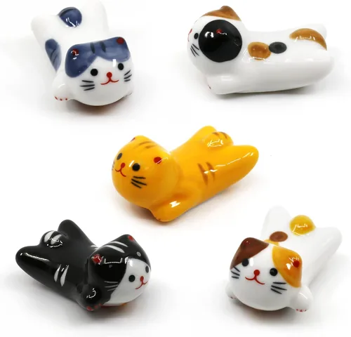 Juego de 5 palillos para gatos, soportes para pinceles de pintura china, porcelana de estilo japonés, soporte para palillos de cerámica para cena,