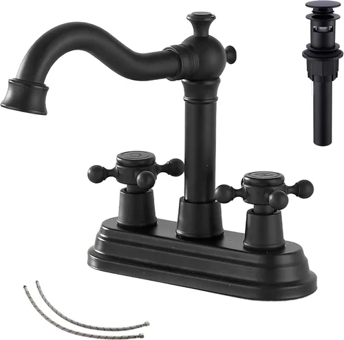 Miniatura 14 de Grifo de baño negro mate con 2 asas de 4 pulgadas, juego central de tocador de baño negro con montaje de drenaje y manguera de suministro grifo