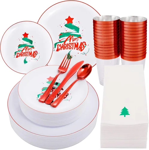 Miniatura 10 de WDF 175 piezas de platos de Navidad de plástico desechables - 25 platos verdes, 25 platos rojos con campanas doradas, 75 cubiertos de plástico Bell