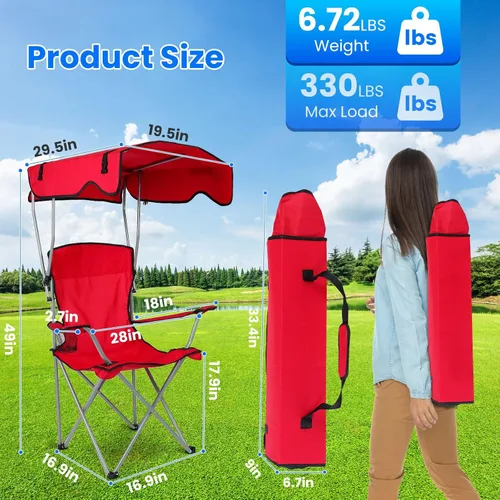 Miniatura 2 de Silla de camping con dosel, silla plegable al aire libre con pantalla ajustable y soporte para tazas, silla de playa resistente para adultos, Rojo