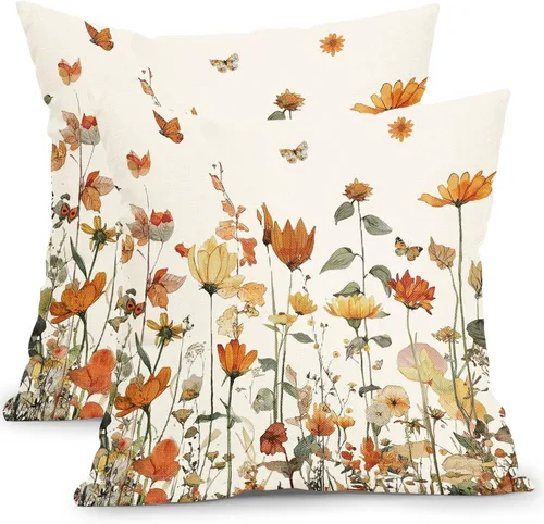 Kawani Juego de 2 fundas de almohada con diseño floral de otoño de 16 x 16 pulgadas, para decoración del hogar, diseño de flores silvestres vintage,