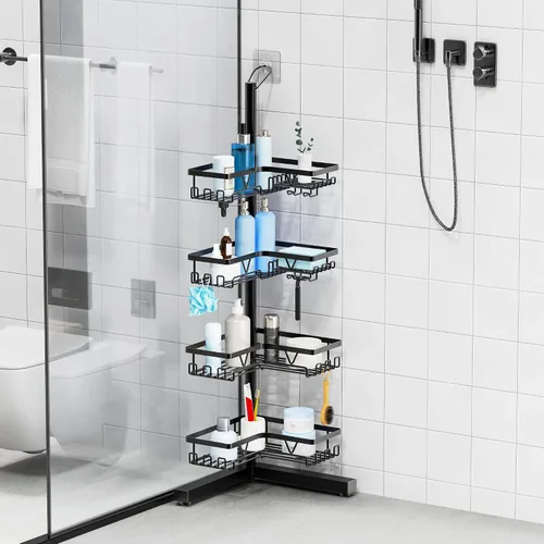 Miniatura 6 de KEGII Organizador de ducha de piso de pie, organizador de ducha de esquina de 4 niveles con ganchos y soporte para jabón, estante de almacenamiento