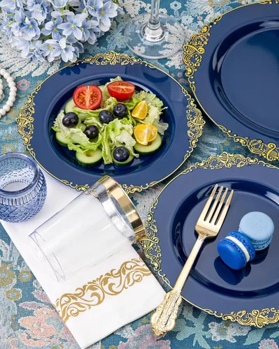 Miniatura 8 de Nervure 175 piezas de vajilla de plástico azul - Juego de vajilla de plástico azul dorado desechable incluye 50 platos para cena y postre, 25 Azul