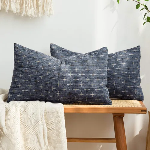 MIULEE - Juego de 2 fundas de almohada decorativas de lino de arpillera, modernas, estilo campestre, rústicas, tejidas, con textura, para sofá, Azul