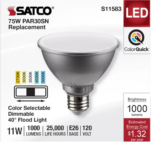 Miniatura 3 de Satco S11583; LED PAR30SN de 11 vatios; base media; acabado plateado; CCT seleccionable; 120 voltios; ángulo de haz de 40 grados