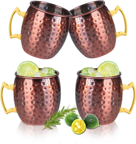 Miniatura 8 de UNISWEET Moscow Mule - Juego de 4 tazas de cobre con acabado martillado pulido, forro de acero inoxidable 304 con mango de cobre dorado, perfecto