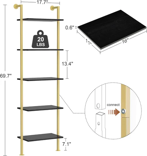 Miniatura 2 de Acovy Estantería de 5 niveles de madera maciza, estante estrecho para libros, estantería de madera, estante de escalera de montaje en pared, estante