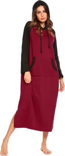 Miniatura 2 de Ekouaer Camisón de manga larga con capucha para mujer, color de contraste, ropa de descanso de longitud completa con bolsillo, S-4XL