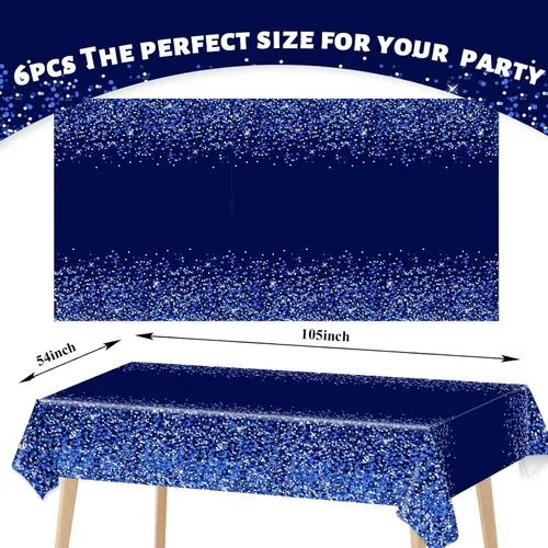 Miniatura 2 de 3 piezas Manteles Azul Plateado Decoraciones de Fiesta Mezclilla y Diamantes Mantel Azul Marino y Plateado Desechable de Plástico Confeti Real