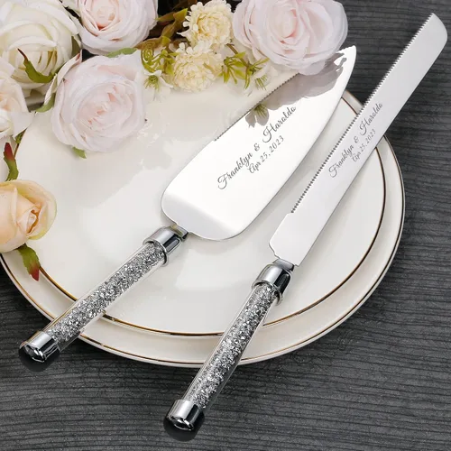 Miniatura 9 de Juego de cuchillo y servidor personalizado para pastel de boda, juego de corte de pastel de cristal grabado, cortador de pastel plateado, cuchillo