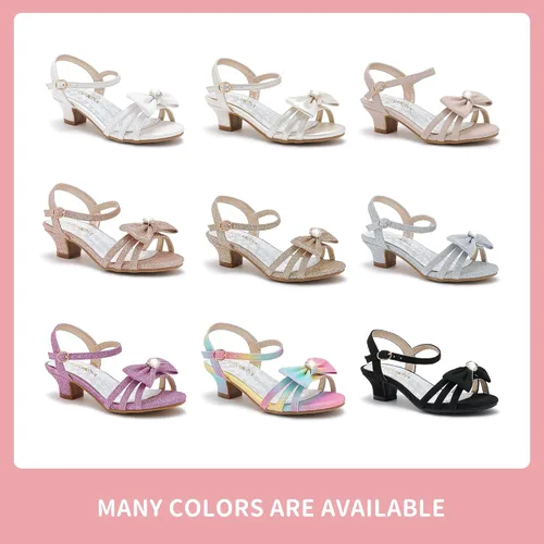 Miniatura 7 de Sandalias para niñas, zapatos de vestir para fiesta de boda, puntera abierta, tacones altos con purpurina para niños pequeños y grandes