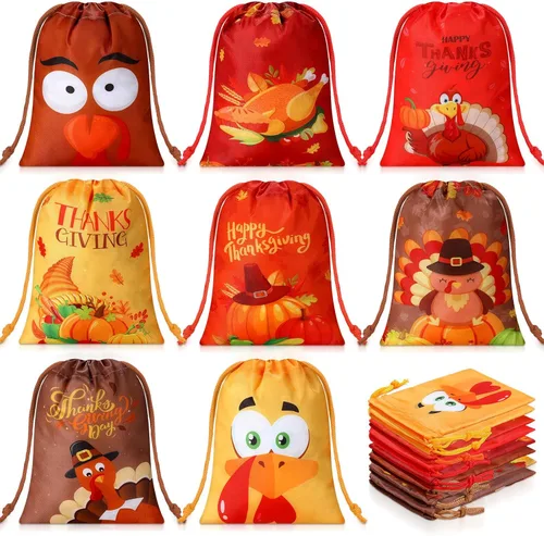 Paterr 24 bolsas de regalo de Acción de Gracias con cordón de regalo de Acción de Gracias, regalos de fiesta de Acción de Gracias, calabaza, dulces,