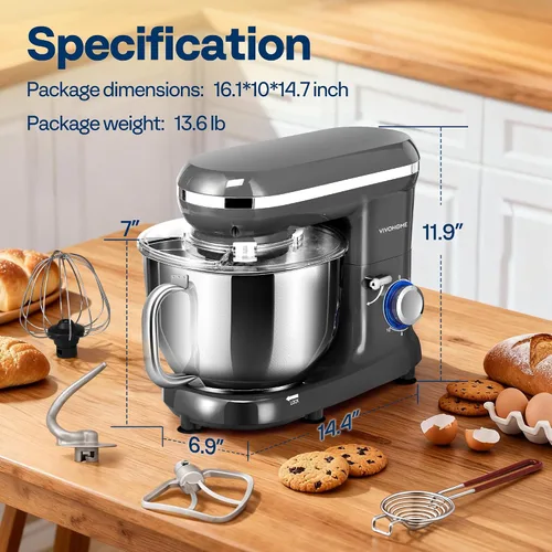 Miniatura 7 de VIVOHOME - Batidora de mesa de 650 W, 6 velocidades, 6 cuartos de galón, mezclador eléctrico de cocina con cabezal basculante, batidor, gancho