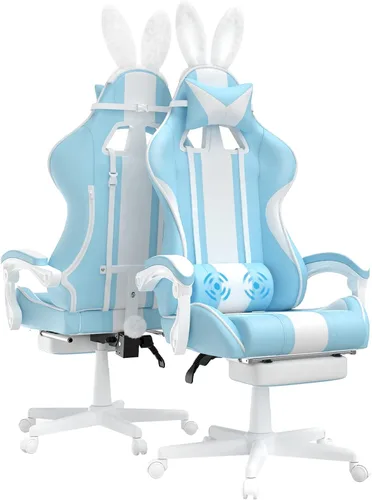 Miniatura 13 de Ferghana - Silla de juego Kawaii en azul claro con orejas de conejo, silla Gamer ergonómica y linda con reposapiés y masaje, silla de juego