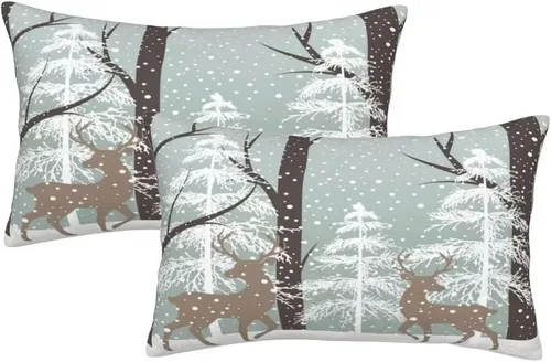 Miniatura 7 de AEIOAE Juego de 2 fundas de almohada de Navidad de 12 x 20 pulgadas, color rojo ciervo, alce y ciervo, fundas decorativas de lino de Navidad