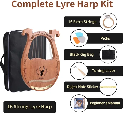 Miniatura 2 de Arpa de Lira, Arpa Acústica de Caoba de 16 Cuerdas con Cuerdas Extras, Púas, Palanca de Afinación, Bolsa de Concierto Negra, Manual
