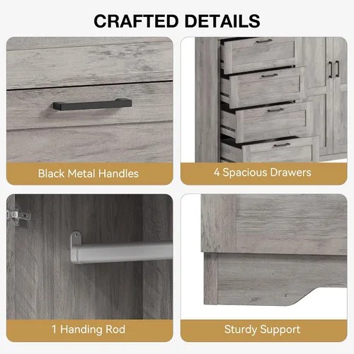 Miniatura 6 de GarveeHome Cómoda de madera multifuncional para dormitorio, 43.3 pulgadas de alto, armario de 2 puertas con 4 cajones y barra para colgar, armario