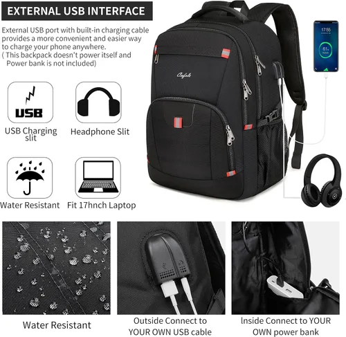 Miniatura 3 de Mochila para portátil de 17.3 pulgadas, mochila grande para computadora con puerto de carga USB, mochila resistente al agua y resistente