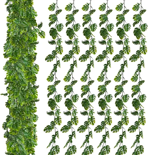 Zeyune 12 piezas de enredaderas artificiales de hojas de Monstera de 5.9 pies, plantas colgantes falsas, hiedra, hojas de palmera tropical,