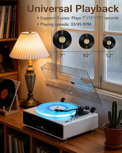 Miniatura 2 de Reproductor de discos con cuatro bocinas estéreo integradas, tres modos de iluminación LED, cartucho AT-3600L, reproductor de vinilos todo en uno