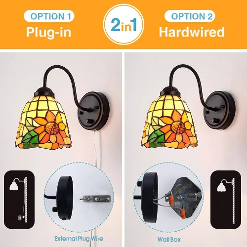 Miniatura 4 de Tiffany - Lámpara de pared para mesita de noche con interruptor regulable, aplique de pared de cuello de cisne vintage industrial con cable