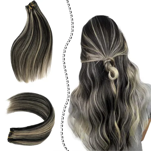 Extensiones de cabello humano con pinzas, color rubio con reflejos, color negro y rubio miel, 5 unidades, 12 pulgadas, 2.47 oz (2.47 oz), clips