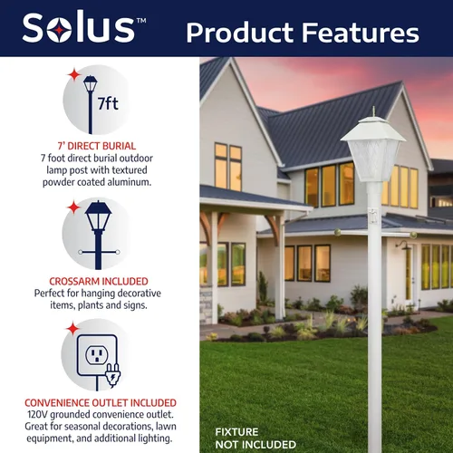 Miniatura 3 de Solus Poste de lámpara de entierro directo de 7 pies, poste de luz de aluminio para exteriores con brazo cruzado decorativo, sensor de atardecer a