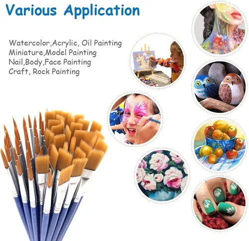 Miniatura 3 de Juego de 65 paletas de pinceles de pintura, 60 pinceles planos y redondos, 5 bandejas de pintura para niños, manualidades, pinceles pequeños a