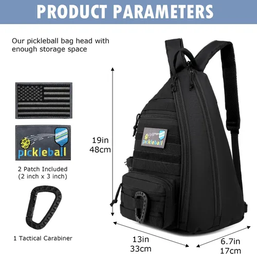 Miniatura 2 de Bandolera de Pickleball SunForMorning, Mochila Táctica de Pickleball para Mujeres y Hombres, Bolsa de Hombro Ajustable con Gancho para Valla y Negro