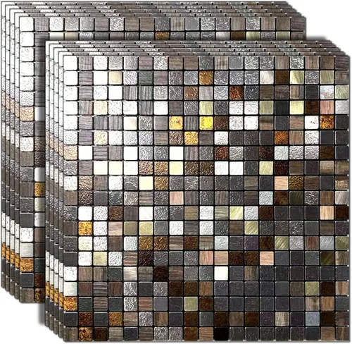 Miniatura 9 de 10 hojas de azulejos de salpicaduras para despegar y pegar, paneles de pared autoadhesivos de aluminio 3D, calcomanías de mosaico metálico