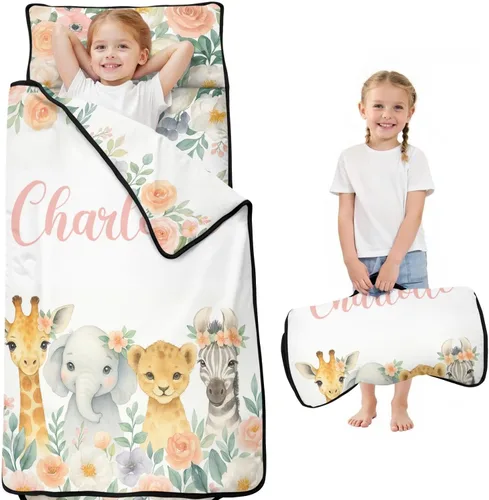 Tapete personalizado para siesta para niños pequeños con funda de almohada y manta, sacos de dormir de animales florales con nombre personalizado