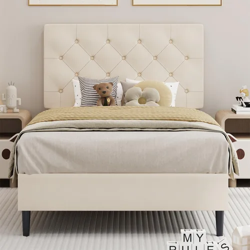 Miniatura 20 de BarnFurin Marcos de cama individual con cabecera capitoné con botones, cama de plataforma tapizada de lino con soporte de listones de madera, fácil