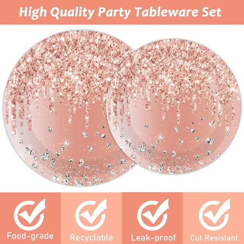 Miniatura 4 de Tevxj Juego de vajilla de cumpleaños de 96 piezas en rosa y oro rosa, vajilla desechable para cena, platos de postre y servilletas, tenedores