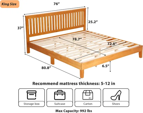 Miniatura 3 de MKDLUFEI Marco de cama de madera, cabecera y marco King con cabecera completa, marco de cama de madera con 14 listones de madera fuertes, cama