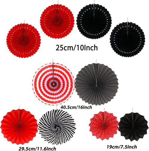 Miniatura 4 de ZERODECO - Decoraciones de fiesta, 41 piezas de abanicos de papel negros y rojos, pompones, guirnaldas, hilo, papel de seda y borlas para Negro Rojo